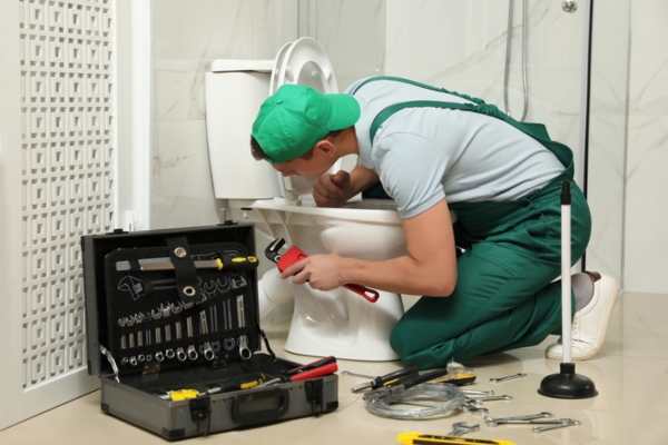 Image of a Professional plumber repairing toilet bowl in bathroom depicting toilet efficiency