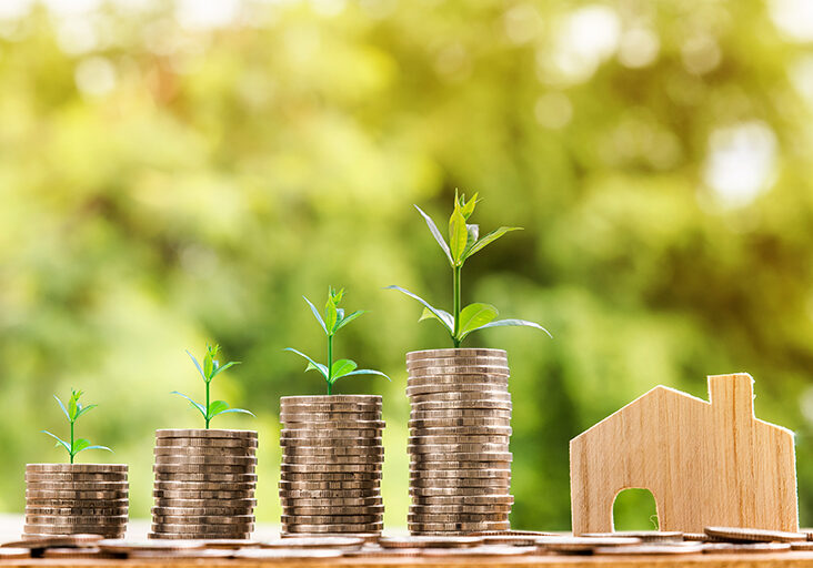 wooden house model and step of coins stacks with tree growing on top nature background money saving and investment or family planning concept over sun flare silhouette tone.